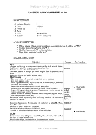 Díaz Arce – Esp. Tecnologías Educativas UGELAA 
ESCRIBIMOS Y PRONUNCIAMOS PALABRAS con M - m 
DATOS PERSONALES: 
1.1 Institución Educativa : 
1.2 Grado : 1º grado 
1.3. Profesor (a) : 
1.4. Turno : 
1.5 UGEL : Alto Amazonas 
1.6. Duración: : 6 horas pedagógicas 
APRENDIZAJES ESPERADOS: 
 Utilizan la laptop XO para ejercitar la escritura y pronunciación correcta de palabras con “ M m” 
 Conocen la consonante y fonema de la “M- m” 
 Identifican la consonante “M” en diferentes textos. 
 Sigue el trazo correcto de la grafía “M- m” 
DESARROLLO DE LA SESIÓN 
PROCESOS 
Recursos 
Tec. / Inst. Eva. 
INICIO 
-Observan una lámina en la que aparece una escena familiar donde la mamá, el papá, Malú, Memo y la gatita Mimí compartiendo actividades hogareñas. 
-Contestan preguntas sobre el tema de la lámina 
-Dramatizan, creando los diálogos que puedan imaginar sobre los personajes de la lámina. 
-Responden ¿Con qué letra se inicia la palabra mamá? 
CONSTRUCCIÓN 
Observan el grafema m-M presentado por el profesor láminas de colores. 
Dicen a qué se parece la letra. 
Trazan el grafema minúsculo y mayúsculo en el aire, en el suelo con el pie, en la mesa con el dedo, en la pizarra con plumón. 
Repiten correctamente el fonema /m/ pronunciado por el profesor. 
Corrigen el punto de articulación mirándose en un espejito o con el compañero. 
Juegan a “Ha llegado un barco cargado con...” frutas, colores, animales, juguetes, con nombres que comienzan con /m/, etc. 
Rellenan la silueta de la letra con materiales diversos: lana picada, algodón, maicillo, fideos, lentejuelas, papel picado, otros. 
-Recortan de material impreso el grafema minúsculo y mayúsculo y lo pegan en el cuaderno o en una ficha. 
-Seleccionan 4 palabras con M m trabajadas y lo escriben en su laptop XO. Mamá, Memo, Mimí. Malú. 
-Encienden su laptop y dan clic en el ícono hablar. 
-Escriben las 4 palabras en su laptop (Lo hacen una por una. 
- Escuchan su pronunciación correcta y verifican si lo han escrito bien. 
SALIDA 
-Con ayuda de su laptop XO ingresan a la actividad pintar y dibujan la palabra con M m que más le ha gustado durante la clase. 
-En su cuaderno dibujan y escriben todas las palabras trabajadas en clases. 
Láminas 
El propio cuerpo, siluetas, dibujos, plumones tijeras. 
Laptop XO 
Laptop XO 
 Observación directa 
 ista de cotejo  