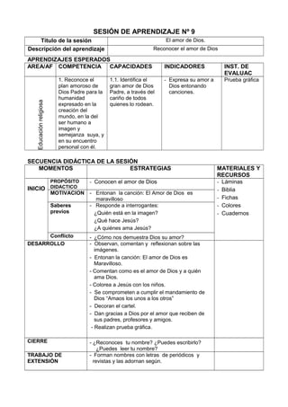 SESIÓN DE APRENDIZAJE Nº 9
Título de la sesión El amor de Dios.
Descripción del aprendizaje Reconocer el amor de Dios
APRENDIZAJES ESPERADOS
AREA/AF COMPETENCIA CAPACIDADES INDICADORES INST. DE
EVALUAC
Educaciónreligiosa
1. Reconoce el
plan amoroso de
Dios Padre para la
humanidad
expresado en la
creación del
mundo, en la del
ser humano a
imagen y
semejanza suya, y
en su encuentro
personal con él.
1.1. Identifica el
gran amor de Dios
Padre, a través del
cariño de todos
quienes lo rodean.
- Expresa su amor a
Dios entonando
canciones.
Prueba gráfica
SECUENCIA DIDÁCTICA DE LA SESIÓN
MOMENTOS ESTRATEGIAS MATERIALES Y
RECURSOS
INICIO
PROPÓSITO
DIDACTICO
- Conocen el amor de Dios - Láminas
- Biblia
- Fichas
- Colores
- Cuadernos
MOTIVACION - Entonan la canción: El Amor de Dios es
maravilloso
Saberes
previos
- Responde a interrogantes:
¿Quién está en la imagen?
¿Qué hace Jesús?
¿A quiénes ama Jesús?
Conflicto - ¿Cómo nos demuestra Dios su amor?
DESARROLLO - Observan, comentan y reflexionan sobre las
imágenes.
- Entonan la canción: El amor de Dios es
Maravilloso.
- Comentan como es el amor de Dios y a quién
ama Dios.
- Colorea a Jesús con los niños.
- Se comprometen a cumplir el mandamiento de
Dios “Amaos los unos a los otros”
- Decoran el cartel.
- Dan gracias a Dios por el amor que reciben de
sus padres, profesores y amigos.
- Realizan prueba gráfica.
CIERRE - ¿Reconoces tu nombre? ¿Puedes escribirlo?
¿Puedes leer tu nombre?
TRABAJO DE
EXTENSIÓN
- Forman nombres con letras de periódicos y
revistas y las adornan según.
 