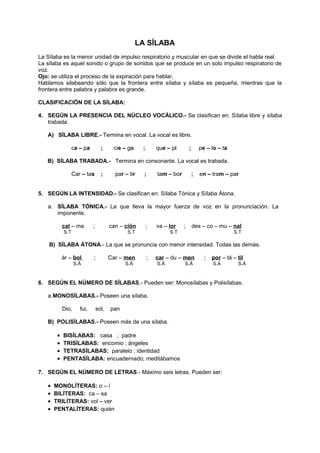 LA SÍLABA
La Sílaba es la menor unidad de impulso respiratorio y muscular en que se divide el habla real.
La sílaba es aquel sonido o grupo de sonidos que se produce en un solo impulso respiratorio de
voz.
Ojo: se utiliza el proceso de la expiración para hablar.
Hablamos silabeando sólo que la frontera entre sílaba y sílaba es pequeña, mientras que la
frontera entre palabra y palabra es grande.
CLASIFICACIÓN DE LA SÍLABA:
4. SEGÚN LA PRESENCIA DEL NÚCLEO VOCÁLICO.- Se clasifican en: Sílaba libre y sílaba
trabada.
A) SÍLABA LIBRE.- Termina en vocal. La vocal es libre.
ca – pa ; cie – go ; que – pí ; pe – lo – ta
B) SÍLABA TRABADA.- Termina en consonante. La vocal es trabada.
Car – tas ; par – tir ; tam – bor ; en – tram – par
5. SEGÚN LA INTENSIDAD.- Se clasifican en: Sílaba Tónica y Sílaba Átona.
a. SÍLABA TÓNICA.- La que lleva la mayor fuerza de voz en la pronunciación. La
imponente.
cal – ma ; can – ción ; va – lor ; des – co – mu – nal
S.T S.T S.T S.T
B) SÍLABA ÁTONA.- La que se pronuncia con menor intensidad. Todas las demás.
ár – bol ; Car – men ; car – du – men ; por – tá – til
S.Á S.Á S.Á S.Á S.Á S.Á
6. SEGÚN EL NÚMERO DE SÍLABAS.- Pueden ser: Monosílabas y Polisílabas.
a.MONOSÍLABAS.- Poseen una sílaba.
Dio, fui, sol, pan
B) POLISÍLABAS.- Poseen más de una sílaba.
• BISÍLABAS: casa ; padre
• TRISÍLABAS: encomio ; ángeles
• TETRASÍLABAS: paralelo ; identidad
• PENTASÍLABA: encuadernado; meditábamos
7. SEGÚN EL NÚMERO DE LETRAS.- Máximo seis letras. Pueden ser:
• MONOLÍTERAS: o – í
• BILÍTERAS: ca – sa
• TRILÍTERAS: vol – ver
• PENTALÍTERAS: quién
 