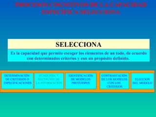 SELECCIONA Es la capacidad que permite  escoger los elementos de un todo, de acuerdo con determinados criterios y con un propósito definido.  BÚSQUEDA Y RECEPCIÓN DE LA INFORMACIÓN DETERMINACIÓN  DE CRITERIOS O ESPECIFICACIONES IDENTIFICACIÓN DE MODELOS PROTOTIPOS CONTRASTACIÓN DE LOS MODELOS CON LOS  CRITERIOS ELECCIÓN DEL MODELO PROCESOS COGNITIVOS DE LA CAPACIDAD ESPECÍFICA SELECCIONA 