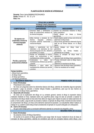 PLANIFICACIÓN DE SESIÓN DE APRENDIZAJE
Docente: Oscar Jaime MAMANI POCOHUANCA
Grado: Primero “A”, “B”, “C” y “D”
Área: Arte
TÍTULO DE LA SESIÓN
“El Dibujo Lineal y Geométrico”
APRENDIZAJES ESPERADOS
COMPETENCIAS CAPACIDADES INDICADORES
Se expresa con
creatividad a través de
diversos lenguajes
artísticos
oComunica ideas y sentimientos a
través de producciones artísticas de
los diversos lenguajes.
oExpresa sus emociones mediante el dibujo
lineal y geométrico.
oDiseña dibujos con líneas y formas
geométricas.
oUtiliza técnicas y procesos de los
diversos lenguajes artísticos,
incluyendo prácticas tradicionales y
nuevas tecnologías.
o Diseña objetos usando la línea como forma de
determinar el dibujo lineal.
o Dibuja formas geométricas obteniendo figuras
base de las formas básicas, en el dibujo
básico.
oExplora y experimenta con los
materiales y los elementos de los
diversos lenguajes del arte, utilizando
sus sentidos y su cuerpo.
o Ejecuta trabajos con dibujo lineal y
geométrico.
o Experimenta las formas lineales y
geométricas en su trabajo.
Percibe y aprecia las
producciones artísticas
oPercibe con sensibilidad el entorno
natural, sus producciones y las
manifestaciones artístico-culturales.
oExplica el concepto de dibujo lineal y
geométrico.
o.Aprecia el valor del dibujo lineal y geométrico.
oContextualiza y valora las
manifestaciones artísticas que percibe
y estudia.
oProcesa información sobre el dibujo lineal y
geométrico.
oDetermina la importancia del dibujo.
oReflexiona y opina sobre las
manifestaciones artísticas que percibe
y produce.
oAprecia el valor del dibujo lineal y geométrico.
oCritica los resultados de su trabajo.
Campo temático.
oDibujo lineal y geométrico.
oEl dibujo lineal.
oEl dibujo geométrico.
oLas figuras geométricas.
SECUENCIA DIDÁCTICA PRIMERA HORA (45 minutos)
I. Inicio (10 minutos)
Presentación de la unidad.
Se inicia con preguntas sobre los elementos básicos del dibujo, además de mostrarles algunos ejemplos
al respecto. Luego se procede a mostrar dibujos lineales y geométricos, para que de esa manera se
involucren en el dibujo lineal y geométrico.
II. Desarrollo (25 minutos)
Se inicia con la explicación del dibujo en su contexto general, siendo el dibujo la expresión básica
realizada mediante la línea, realizada sobre una superficie plana; luego de esto se procede a explicar la
importancia del dibujo desde la línea esta línea debe ser segura para mejorar el pulso se realiza ejercicios de
pulso a mano suelta. Luego de ello se procede a realizar un ejemplo de dibujo lineal, iniciando de esta manera
la comprensión del dibujo y la línea como elemento esencial de expresión. Los estudiantes deben realizar un
trabajo en su cuaderno sobre dibujo lineal considerando el ejemplo en la pizarra dibujada con anticipación.
III. Cierre (10 minutos)
Se guía cada trabajo para su conclusión definiendo además la corrección de ortografía y otros.
SEGUNDA HORA (45 minutos)
I. Inicio (10 minutos)
Se presenta el tema: El Dibujo Geométrico.
Se escribe en la pizarra el dibujo geométrico para luego tratar de buscar mediante la lluvia de ideas el
concepto de dibujo geométrico, además de considerar para ello los conceptos básicos sobre dibujo y las
Número de sesión
II/2
 