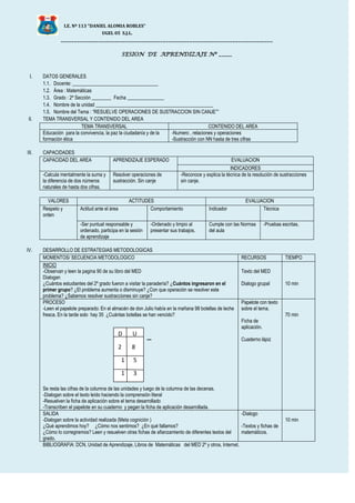 I.E. Nº 113 “DANIEL ALOMIA ROBLES”
UGEL 05 S.J.L.
_______________________________________________________________________________
SESION DE APRENDIZAJE Nº _____
I. DATOS GENERALES
1.1. Docente: ___________________________________
1.2. Área : Matemáticas
1.3. Grado : 2º Sección ________ Fecha _______________
1.4. Nombre de la unidad ________________________________________________
1.5. Nombre del Tema : “RESUELVE OPERACIONES DE SUSTRACCION SIN CANJE””
II. TEMA TRANSVERSAL Y CONTENIDO DEL AREA
TEMA TRANSVERSAL CONTENIDO DEL AREA
Educación para la convivencia, la paz la ciudadanía y de la
formación ética
-Numero , relaciones y operaciones
-Sustracción con NN hasta de tres cifras
III. CAPACIDADES
CAPACIDAD DEL AREA APRENDIZAJE ESPERADO EVALUACION
INDICADORES
-Calcula mentalmente la suma y
la diferencia de dos números
naturales de hasta dos cifras.
Resolver operaciones de
sustracción. Sin canje
-Reconoce y explica la técnica de la resolución de sustracciones
sin canje.
VALORES ACTITUDES EVALUACION
Respeto y
orden
Actitud ante el área Comportamiento Indicador Técnica
-Ser puntual responsable y
ordenado, participa en la sesión
de aprendizaje
-Ordenado y limpio al
presentar sus trabajos.
Cumple con las Normas
del aula
-Pruebas escritas.
IV. DESARROLLO DE ESTRATEGIAS METODOLOGICAS
MOMENTOS/ SECUENCIA METODOLOGICO RECURSOS TIEMPO
INICIO
-Observan y leen la pagina 90 de su libro del MED
Dialogan
¿Cuántos estudiantes del 2º grado fueron a visitar la panadería? ¿Cuántos ingresaron en el
primer grupo? ¿El problema aumenta o disminuye? ¿Con que operación se resolver este
problema? ¿Sabemos resolver sustracciones sin canje?
Texto del MED
Dialogo grupal 10 min
PROCESO
-Leen el papelote preparado: En el almacén de don Julio había en la mañana 98 botellas de leche
fresca. En la tarde solo hay 35 ¿Cuántas botellas se han vencido?
---
Se resta las cifras de la columna de las unidades y luego de la columna de las decenas.
-Dialogan sobre el texto leído haciendo la comprensión literal
-Resuelven la ficha de aplicación sobre el tema desarrollado
-Transcriben el papelote en su cuaderno y pegan la ficha de aplicación desarrollada.
Papelote con texto
sobre el tema.
Ficha de
aplicación.
Cuaderno lápiz
70 min
SALIDA
-Dialogan sobre la actividad realizada (Meta cognición )
¿Qué aprendimos hoy? ¿Cómo nos sentimos? ¿En qué fallamos?
¿Cómo lo corregiremos? Leen y resuelven otras fichas de afianzamiento de diferentes textos del
grado.
-Dialogo
-Textos y fichas de
matemáticos.
10 min
BIBLIOGRAFIA: DCN, Unidad de Aprendizaje, Libros de Matemáticas del MED 2º y otros, Internet.
D U
2 8
1 5
1 3
4
 