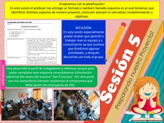 Empezamos con la planificación!
En esta sesión el profesor nos entrego un formato o también llamado esquema en el cual teníamos que
identificar distintos aspectos de nuestro proyecto, como por ejemplo la naturaleza, fundamentación y
objetivos.
Hoy desarrolle el perfil de indagadores y reflexivos ya que para
poder completar este esquema necesitábamos información
adicional del centro del anciano “San Francisco” .Por otra parte
con mis compañeras siempre resaltamos el compromiso que
debe existir con el proyecto de CAS.
REFLEXIÓN:
En esta sesión especialmente
puedo recatar que aprendí a
trabajar mas en equipo y a
comunicarme ya que tuvimos
que dividirnos algunas
actividades, y después
discutirlas con todo el grupo.
APRENDIZAJES
 
