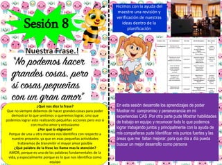 Sesión 8
¿Qué nos dice la frase?
Que no siempre debemos de hacer grandes cosas para poder
demostrar lo que sentimos o queremos lograr, sino que
podemos lograr esto realizando pequeñas acciones pero eso si
con mucho amor y entusiasmo
¿Por qué la eligieron?
Porque de una u otra manera nos identifica con respecto a
nuestro proyecto ,ya que en esas pequeñas actividades
trataremos de transmitir el mayor amor posible
¿Qué palabra de la frase les llama mas la atención?
AMOR, porque es una de las palabras fundamentales de la
vida, y especialmente porque es lo que nos identifica como
equipo
Hicimos con la ayuda del
maestro una revisión y
verificación de nuestras
ideas dentro de la
planificación
En esta sesión desarrolle los aprendizajes de poder
Mostrar mi compromiso y perseverancia en mi
experiencias CAS .Por otra parte pude Mostrar habilidades
de trabajo en equipo y reconocer todo lo que podemos
lograr trabajando juntos y principalmente con la ayuda de
mis compañeras pude Identificar mis puntos fuertes y las
áreas que me faltan mejorar, para que día a día pueda
buscar un mejor desarrollo como persona
 