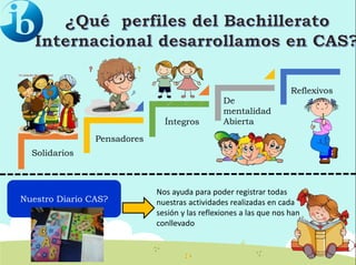 Pensadores
Solidarios
Íntegros
De
mentalidad
Abierta
Reflexivos
Nuestro Diario CAS?
Nos ayuda para poder registrar todas
nuestras actividades realizadas en cada
sesión y las reflexiones a las que nos han
conllevado
 