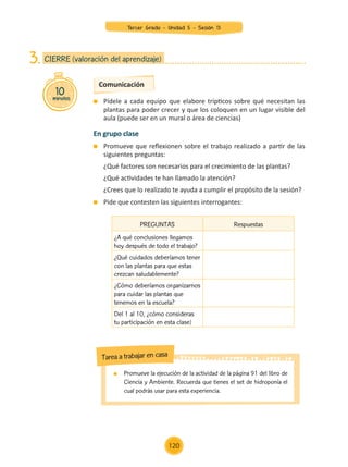 Comunicación
	 Pídele a cada equipo que elabore trípticos sobre qué necesitan las
plantas para poder crecer y que los coloquen en un lugar visible del
aula (puede ser en un mural o área de ciencias)
En grupo clase
	 Promueve que reflexionen sobre el trabajo realizado a partir de las
siguientes preguntas:
	 ¿Qué factores son necesarios para el crecimiento de las plantas?
	 ¿Qué actividades te han llamado la atención?
	 ¿Crees que lo realizado te ayuda a cumplir el propósito de la sesión?
	 Pide que contesten las siguientes interrogantes:
10
minutos
CIERRE (valoración del aprendizaje)
3.
	 Promueve la ejecución de la actividad de la página 91 del libro de
Ciencia y Ambiente. Recuerda que tienes el set de hidroponía el
cual podrás usar para esta experiencia.
Tarea a trabajar en casa
PREGUNTAS Respuestas
¿A qué conclusiones llegamos
hoy después de todo el trabajo?
¿Qué cuidados deberíamos tener
con las plantas para que estas
crezcan saludablemente?
¿Cómo deberíamos organizarnos
para cuidar las plantas que
tenemos en la escuela?
Del 1 al 10, ¿cómo consideras
tu participación en esta clase)
Tercer Grado - Unidad 5 - Sesión 13
120
Z_U5_INTEGRADOS_3er grado26-06_Pg21-238.indd 120 30/06/15 02:29
 