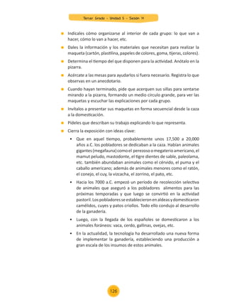 Indícales cómo organizarse al interior de cada grupo: lo que van a
hacer, cómo lo van a hacer, etc.
	 Dales la información y los materiales que necesitan para realizar la
maqueta (cartón, plastilina, papeles de colores, goma, tijeras, colores).
	 Determina el tiempo del que disponen para la actividad. Anótalo en la
pizarra.
	 Acércate a las mesas para ayudarlos si fuera necesario. Registra lo que
observas en un anecdotario.
	 Cuando hayan terminado, pide que acerquen sus sillas para sentarse
mirando a la pizarra, formando un medio círculo grande, para ver las
maquetas y escuchar las explicaciones por cada grupo.
	 Invítalos a presentar sus maquetas en forma secuencial desde la caza
a la domesticación.
	 Pídeles que describan su trabajo explicando lo que representa.
	 Cierra la exposición con ideas clave:
•	 Que en aquel tiempo, probablemente unos 17,500 a 20,000
años a.C. los pobladores se dedicaban a la caza. Habían animales
gigantes(megafauna)comoel perezosoomegaterioamericano,el
mamut peludo, mastodonte, el tigre dientes de sable, paleolama,
etc. también abundaban animales como el cérvido, el puma y el
caballo americano; además de animales menores como el ratón,
el conejo, el cuy, la vizcacha, el zorrino, el pato, etc.
•	 Hacia los 7000 a.C. empezó un período de recolección selectiva
de animales que aseguró a los pobladores alimentos para las
próximas temporadas y que luego se convirtió en la actividad
pastoril.Lospobladoresseestablecieronenaldeasydomesticaron
camélidos, cuyes y patos criollos. Todo ello condujo al desarrollo
de la ganadería.
•	 Luego, con la llegada de los españoles se domesticaron a los
animales foráneos: vaca, cerdo, gallinas, ovejas, etc.
•	 En la actualidad, la tecnología ha desarrollado una nueva forma
de implementar la ganadería, estableciendo una producción a
gran escala de los insumos de estos animales.
Tercer Grado - Unidad 5 - Sesión 14
126
Z_U5_INTEGRADOS_3er grado26-06_Pg21-238.indd 126 30/06/15 02:29
 