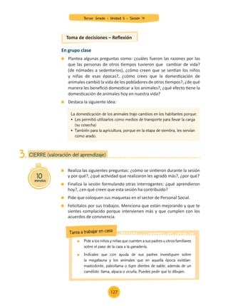 Toma de decisiones – Reflexión
En grupo clase
	 Plantea algunas preguntas como: ¿cuáles fueron las razones por las
que las personas de otros tiempos tuvieron que cambiar de vida?
(de nómades a sedentarios), ¿cómo creen que se sentían los niños
y niñas de esas épocas?, ¿cómo crees que la domesticación de
animales cambió la vida de los pobladores de otros tiempos?, ¿de qué
manera les benefició domesticar a los animales?, ¿qué efecto tiene la
domesticación de animales hoy en nuestra vida?
	 Destaca la siguiente idea:
	 Realiza las siguientes preguntas: ¿cómo se sintieron durante la sesión
y por qué?, ¿qué actividad que realizaron les agradó más?, ¿por qué?
	 Finaliza la sesión formulando otras interrogantes: ¿qué aprendieron
hoy?, ¿en qué creen que esta sesión ha contribuido?
	 Pide que coloquen sus maquetas en el sector de Personal Social.
	 Felicítalos por sus trabajos. Menciona que están mejorando y que te
sientes complacido porque intervienen más y que cumplen con los
acuerdos de convivencia.
10
minutos
CIERRE (valoración del aprendizaje)
3.
	 Pide a los niños y niñas que cuenten a sus padres u otros familiares
sobre el paso de la caza a la ganadería.
	 Indícales que con ayuda de sus padres investiguen sobre
la megafauna y los animales que en aquella época existían:
mastodonte, paleollama o tigre dientes de sable; además de un
camélido: llama, alpaca o vicuña. Puedes pedir que lo dibujen.
Tarea a trabajar en casa
La domesticación de los animales trajo cambios en los habitantes porque:
•	 Les permitió utilizarlos como medios de transporte para llevar la carga
(su cosecha)
•	 También para la agricultura, porque en la etapa de siembra, les servían
como arado.
Tercer Grado - Unidad 5 - Sesión 14
127
Z_U5_INTEGRADOS_3er grado26-06_Pg21-238.indd 127 30/06/15 02:29
 