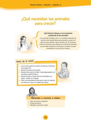 Lee la información de su libro de Ciencia y Ambiente
de la página 95
	 Revisa los anexos de la sesión.
	 Revisar información de http://nationalgeographic.es/
animales/mamiferos/llama
	 Revisa la sesión y sobre todo las actividades que
debes realizar en el debate.
	 Pedir a los estudiantes información sobre la mascota
que tienen en casa y el cuidado que tienen.
Antes de la sesión
¿Qué necesitan los animales
para crecer?
	 Libro de ciencia y ambiente.
	 Fichas de lectura.
	 Papelotes, plumones, pizarra
Materiales o recursos a utilizar
Los animales necesitan vivir en un ambiente adecuado de
acuerdo a las características que presentan, ya sea en el
agua, la arena, árboles, rocas, serranía, etc. Es necesario
conocer los factores que influyen en la vida de los animales,
ya que están presentes en la nuestra y cumplen un papel
importante en la vida del ser humano.
¿Qué factores influyen en el crecimiento
y desarrollo de los animales?
138
TERCER Grado - Unidad 5 - Sesión 16
Z_U5_INTEGRADOS_3er grado26-06_Pg21-238.indd 138 30/06/15 02:29
 