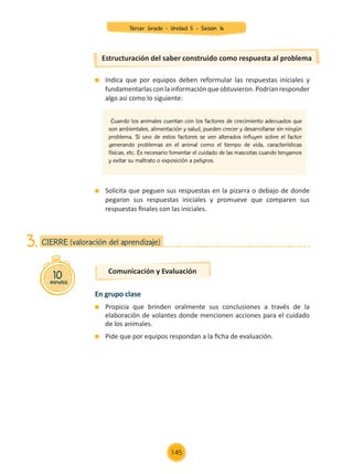 Indica que por equipos deben reformular las respuestas iniciales y
fundamentarlasconlainformaciónqueobtuvieron.Podríanresponder
algo así como lo siguiente:
Estructuración del saber construido como respuesta al problema
	 Solicita que peguen sus respuestas en la pizarra o debajo de donde
pegaron sus respuestas iniciales y promueve que comparen sus
respuestas finales con las iniciales.
En grupo clase
	 Propicia que brinden oralmente sus conclusiones a través de la
elaboración de volantes donde mencionen acciones para el cuidado
de los animales.
	 Pide que por equipos respondan a la ficha de evaluación.
10
minutos
CIERRE (valoración del aprendizaje)
3.
Comunicación y Evaluación
Cuando los animales cuentan con los factores de crecimiento adecuados que
son ambientales, alimentación y salud, pueden crecer y desarrollarse sin ningún
problema. Si uno de estos factores se ven alterados influyen sobre el factor
generando problemas en el animal como el tiempo de vida, características
físicas, etc. Es necesario fomentar el cuidado de las mascotas cuando tengamos
y evitar su maltrato o exposición a peligros.
Tercer Grado - Unidad 5 - Sesión 16
145
Z_U5_INTEGRADOS_3er grado26-06_Pg21-238.indd 145 30/06/15 02:29
 