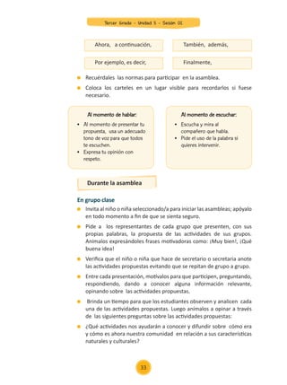 Recuérdales las normas para participar en la asamblea.
	 Coloca los carteles en un lugar visible para recordarlos si fuese
necesario.
Ahora, a continuación, También, además,
Por ejemplo, es decir, Finalmente,
Al momento de hablar:
•	 Al momento de presentar tu
propuesta, usa un adecuado
tono de voz para que todos
te escuchen.
•	 Expresa tu opinión con
respeto.
Al momento de escuchar:
•	 Escucha y mira al
compañero que habla.
•	 Pide el uso de la palabra si
quieres intervenir.
En grupo clase
	 Invita al niño o niña seleccionado/a para iniciar las asambleas; apóyalo
en todo momento a fin de que se sienta seguro.
	 Pide a los representantes de cada grupo que presenten, con sus
propias palabras, la propuesta de las actividades de sus grupos.
Anímalos expresándoles frases motivadoras como: ¡Muy bien!, ¡Qué
buena idea!
	 Verifica que el niño o niña que hace de secretario o secretaria anote
las actividades propuestas evitando que se repitan de grupo a grupo.
	 Entre cada presentación, motívalos para que participen, preguntando,
respondiendo, dando a conocer alguna información relevante,
opinando sobre las actividades propuestas.
	 Brinda un tiempo para que los estudiantes observen y analicen cada
una de las actividades propuestas. Luego anímalos a opinar a través
de las siguientes preguntas sobre las actividades propuestas:
	 ¿Qué actividades nos ayudarán a conocer y difundir sobre cómo era
y cómo es ahora nuestra comunidad en relación a sus características
naturales y culturales?
Durante la asamblea
33
Tercer Grado - Unidad 5 - Sesión 02
Z_U5_INTEGRADOS_3er grado26-06_Pg21-238.indd 33 30/06/15 02:28
 