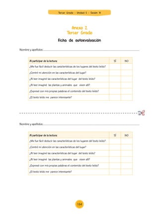 Anexo 2
Tercer Grado
Ficha de autoevaluación
Al participar de la lectura: SÍ NO
¿Me fue fácil deducir las características de los lugares del texto leído?
¿Centré mi atención en las características del lugar?
¿Al leer imaginé las características del lugar del texto leído?
¿Al leer imaginé las plantas y animales que viven allí?
¿Expresé con mis propias palabras el contenido del texto leído?
¿El texto leído me parece interesante?
Al participar de la lectura: SÍ NO
¿Me fue fácil deducir las características de los lugares del texto leído?
¿Centré mi atención en las características del lugar?
¿Al leer imaginé las características del lugar del texto leído?
¿Al leer imaginé las plantas y animales que viven allí?
¿Expresé con mis propias palabras el contenido del texto leído?
¿El texto leído me parece interesante?
Nombre y apellidos:……………………………………………………………………................………………………………
Nombre y apellidos:……………………………………………………………………................………………………………
Tercer Grado - Unidad 5 - Sesión 18
164
Z_U5_INTEGRADOS_3er grado26-06_Pg21-238.indd 164 30/06/15 02:30
 
