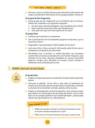 Anímalos a hacer una ficha del personaje utilizando la información del
mapa y escribiendo la información con sus propias palabras. (Anexo 2.)
En grupos de dos integrantes
	 Forma grupos de dos integrantes con una dinámica de tú conozcas.
Pídeles que respondan a las siguientes preguntas:
	 •	 ¿En qué áreas naturales protegidas viven los gallitos de las rocas?
	 •	 ¿Qué podemos hacer para evitar que desaparezcan?
•	 ¿Por qué crees que se les llama gallito de las rocas?
En grupo clase
	 Invítalos a que socialicen sus respuestas.
	 Con la participación de los estudiantes agrupa las respuestas que se
relacionan entre sí.
	 Pregúntales: ¿qué aprendimos sobre el gallito de las rocas?
	 Invita a los niños y niñas a compartir información sobre el tema con un
compañero o compañera que ellos elijan.
	 Recuérdales que al finalizar la unidad difundirán las principales
características naturales y culturales de su comunidad. Pregunta: ¿qué
animales de las áreas naturales protegidas de nuestra comunidad
podemos escoger para difundirlo en nuestro mural? Invítalos a
reflexionar como actividad para la casa.
En grupo clase
	 Propicia un espacio para que los estudiantes comenten qué les pareció la
lectura.
	 Promueve la reflexión de los niños y niñas sobre la importancia de
conoceraloselementosqueformanpartedelascaracterísticas naturales
y culturales de la comunidad: animales, plantas y otros recursos.
	 Propicia la metacognición a través de preguntas: ¿qué acciones realicé
para deducir las características del personaje del texto?, ¿me fue fácil
decir con mis propias palabras lo que entendí del texto?, ¿cómo puedo
utilizar estos aprendizajes en mi vida cotidiana?
10
minutos
CIERRE (valoración del aprendizaje)
3.
	 Pídeles que averigüen y escriban los nombres de animales que viven
en las áreas naturales protegidas de tu región.
	 Pídeles hacer una ficha del animal para colocarla en nuestro mural.
Tarea a trabajar en casa
Tercer Grado - Unidad 5 - Sesión 19
171
Z_U5_INTEGRADOS_3er grado26-06_Pg21-238.indd 171 30/06/15 02:30
 
