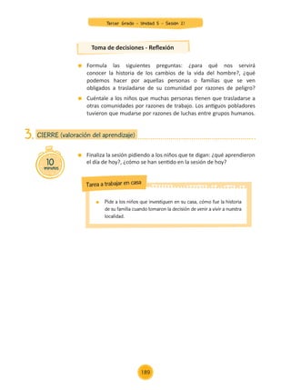 Formula las siguientes preguntas: ¿para qué nos servirá
conocer la historia de los cambios de la vida del hombre?, ¿qué
podemos hacer por aquellas personas o familias que se ven
obligados a trasladarse de su comunidad por razones de peligro?
	 Cuéntale a los niños que muchas personas tienen que trasladarse a
otras comunidades por razones de trabajo. Los antiguos pobladores
tuvieron que mudarse por razones de luchas entre grupos humanos.
Toma de decisiones - Reflexión
	 Finaliza la sesión pidiendo a los niños que te digan: ¿qué aprendieron
el día de hoy?, ¿cómo se han sentido en la sesión de hoy?
10
minutos
CIERRE (valoración del aprendizaje)
3.
	 Pide a los niños que investiguen en su casa, cómo fue la historia
de su familia cuando tomaron la decisión de venir a vivir a nuestra
localidad.
Tarea a trabajar en casa
Tercer Grado - Unidad 5 - Sesión 21
189
Z_U5_INTEGRADOS_3er grado26-06_Pg21-238.indd 189 30/06/15 02:30
 