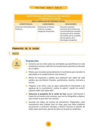 En grupo clase
	 Conversa con los niños sobre las actividades que planificaron en esta
unidad para conocer y difundir las características naturales y culturales
de su región.
	 Pídeles que resuelvan personalmente el crucihistoria para recordar lo
aprendido en la unidad anterior. (Ver Anexo 1)
	 Revisa las respuestas y pídeles que expliquen qué saben de cada
palabra que escribieron (huaylas, pachamanca, ceviche, marinera y
yunza).
	 Pregunta a los niños: ¿aún se sigue realizando lo relacionado a las
palabras de la crucihistoria?, ¿cómo lo saben?, ¿quién les contó?,
¿desean saber más sobre ello?
	 Comunica el propósito de la sesión de hoy: buscar información a
través de las fuentes más cercanas, que son las fotografías y objetos,
para revelar lo que ellos nos cuentan.
	 Acuerda con todos, las normas de convivencia. Pregúntales: ¿qué
necesitamos para trabajar bien en clase, para que todos podamos
escucharnos y sentirnos cómodos y felices? Escucha la opinión de
todos sobre qué hacer, apunta las ideas en la pizarra y ordénalas.
Momentos de la sesión
15
minutos
INICIO
1.
COMPETENCIA(S), CAPACIDAD(ES) E INDICADOR(ES)
A TRABAJAR EN LA SESIÓN
ÁREA CURRICULAR DE PERSONAL SOCIAL
COMPETENCIAS CAPACIDADES INDICADORES
Construye interpretaciones
históricas.
Comprende el tiempo
histórico y emplea
categorías temporales.
Secuencia aspectos
concretos de la historia de
la humanidad (por ejemplo,
la evolución de la vivienda,
del vestido, de las ciudades,
del transporte, de la
tecnología energética).
38
Tercer Grado - Unidad 5 - Sesión 03
Z_U5_INTEGRADOS_3er grado26-06_Pg21-238.indd 38 30/06/15 02:28
 