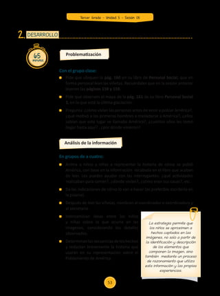 Con el grupo clase:
	 Pide que ubiquen la pág. 160 en su libro de Personal Social; que en
forma personal lean las viñetas. Recuérdales que en la sesión anterior
leyeron las páginas 158 y 159.
	 Pide que observen el mapa de la pág. 161 de su libro Personal Social
3, en la que está la última glaciación.
	 Pregunta: ¿cómo vivían las personas antes de venir a poblar América?,
¿qué motivó a los primeros hombres a trasladarse a América?, ¿ellos
sabían que este lugar se llamaba América?, ¿cuántos años les tomó
llegar hasta aquí? , ¿por dónde vinieron?
65
minutos
DESARROLLO
2.
Problematización
En grupos de a cuatro:
	 Anima a niños y niñas a representar la historia de cómo se pobló
América, con base en la información recabada en el libro que acaban
de leer. Les puedes ayudar con las interrogantes: ¿qué actividades
realizaban para comer?, ¿dónde vivían?, ¿cómo eran sus casas?, etc.
	 Da las indicaciones de cómo lo van a hacer (es preferible escribirlo en
la pizarra).
	 Después de leer las viñetas, nombran al coordinador o coordinadora y
al secretario.
	Intercambian ideas entre los niños
y niñas sobre lo que ocurre en las
imágenes, considerando los detalles
observados.
	 Determinanlassecuenciasdeloshechos
y redactan brevemente la historia que
usarán en su representación sobre el
Poblamiento de América.
Análisis de la información
La estrategia permite que
los niños se aproximen a
hechos captados en las
imágenes, no solo a partir de
la identificación y descripción
de los elementos que
componen la imagen, sino
también mediante un proceso
de razonamiento que utiliza
esta información y las propias
experiencias.
53
Tercer Grado - Unidad 5 - Sesión 05
Z_U5_INTEGRADOS_3er grado26-06_Pg21-238.indd 53 30/06/15 02:28
 