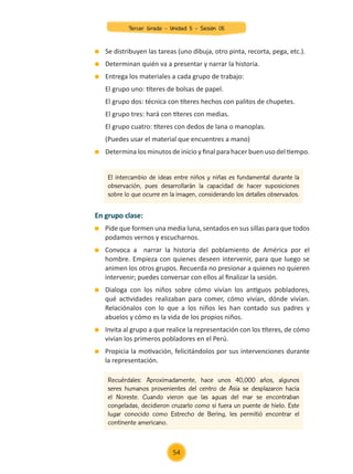 En grupo clase:
	 Pide que formen una media luna, sentados en sus sillas para que todos
podamos vernos y escucharnos.
	 Convoca a narrar la historia del poblamiento de América por el
hombre. Empieza con quienes deseen intervenir, para que luego se
animen los otros grupos. Recuerda no presionar a quienes no quieren
intervenir; puedes conversar con ellos al finalizar la sesión.
	 Dialoga con los niños sobre cómo vivían los antiguos pobladores,
qué actividades realizaban para comer, cómo vivían, dónde vivían.
Relaciónalos con lo que a los niños les han contado sus padres y
abuelos y cómo es la vida de los propios niños.
	 Invita al grupo a que realice la representación con los títeres, de cómo
vivían los primeros pobladores en el Perú.
	 Propicia la motivación, felicitándolos por sus intervenciones durante
la representación.
	 Se distribuyen las tareas (uno dibuja, otro pinta, recorta, pega, etc.).
	 Determinan quién va a presentar y narrar la historia.
	 Entrega los materiales a cada grupo de trabajo:
	 El grupo uno: títeres de bolsas de papel.
	 El grupo dos: técnica con títeres hechos con palitos de chupetes.
	 El grupo tres: hará con títeres con medias.
	 El grupo cuatro: títeres con dedos de lana o manoplas.
	 (Puedes usar el material que encuentres a mano)
	 Determina los minutos de inicio y final para hacer buen uso del tiempo.
El intercambio de ideas entre niños y niñas es fundamental durante la
observación, pues desarrollarán la capacidad de hacer suposiciones
sobre lo que ocurre en la imagen, considerando los detalles observados.
Recuérdales: Aproximadamente, hace unos 40,000 años, algunos
seres humanos provenientes del centro de Asia se desplazaron hacia
el Noreste. Cuando vieron que las aguas del mar se encontraban
congeladas, decidieron cruzarlo como si fuera un puente de hielo. Este
lugar conocido como Estrecho de Bering, les permitió encontrar el
continente americano.
54
Tercer Grado - Unidad 5 - Sesión 05
Z_U5_INTEGRADOS_3er grado26-06_Pg21-238.indd 54 30/06/15 02:28
 