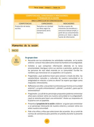 En grupo clase
	 Recuerda con tus estudiantes las actividades realizadas en la sesión
anterior:conocermássobrecómovivíanloshombresenlaantigüedad.
	 Invítalos a que compartan información obtenida en la tarea
encomendada: Averiguar entre sus vecinos o parientes, quiénes son
las personas de más edad viviendo en su comunidad. Escribe los
nombres que mencionan en un papelote o en la pizarra.
	 Pregúntales: ¿qué podemos hacer para conocer a través de ellos las
características naturales y culturales de nuestra comunidad en la
antigüedad en relación a como es ahora? Se espera que digan como
respuesta: entrevistarlos.
	 Reflexiona con ellos: ¿recuerdan la entrevista que hicimos en la unidad
anterior?, ¿a quién entrevistamos?, ¿dónde?, ¿cuándo?, ¿para qué lo
entrevistamos?
	 Pregúntales ¿a cuál de los personajes propuestos podemos entrevistar
ahora para conocer cómo era nuestra comunidad en la antigüedad?,
¿qué se necesita para hacer una entrevista? Anota sus respuestas en
la pizarra o en un papelote.
	 Presenta el propósito de la sesión: elaborar un guion para entrevistar
a un personaje interesante de nuestro entorno y conocer cómo era
antes nuestra comunidad.
	 Pide a los niños y niñas que seleccionen dos acuerdos de su cartel de
normas de convivencia para ponerlos en práctica durante la presente
sesión.
Momentos de la sesión
10
minutos
INICIO
1.
COMPETENCIA(S), CAPACIDAD(ES) E INDICADOR(ES)
A TRABAJAR EN LA SESIÓN
ÁREA CURRICULAR DE COMUNICACIÓN
COMPETENCIAS CAPACIDADES INDICADORES
Producción de textos
escritos.
Textualiza con claridad
sus ideas según las
convenciones de la
escritura.
Escribe un guion de
entrevista con temáticas y
estructura textual simple, a
partir de sus conocimientos
previos y en base a alguna
fuente de información.
57
Tercer Grado - Unidad 5 - Sesión 06
Z_U5_INTEGRADOS_3er grado26-06_Pg21-238.indd 57 30/06/15 02:28
 