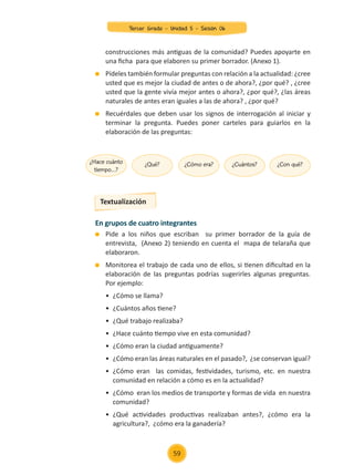 Textualización
En grupos de cuatro integrantes
	 Pide a los niños que escriban su primer borrador de la guía de
entrevista, (Anexo 2) teniendo en cuenta el mapa de telaraña que
elaboraron.
	 Monitorea el trabajo de cada uno de ellos, si tienen dificultad en la
elaboración de las preguntas podrías sugerirles algunas preguntas.
Por ejemplo:
	 •	 ¿Cómo se llama?
	 •	 ¿Cuántos años tiene?
	 •	 ¿Qué trabajo realizaba?
	 •	 ¿Hace cuánto tiempo vive en esta comunidad?
	 •	 ¿Cómo eran la ciudad antiguamente?
	 •	 ¿Cómo eran las áreas naturales en el pasado?, ¿se conservan igual?
	 •	 ¿Cómo eran las comidas, festividades, turismo, etc. en nuestra
	 comunidad en relación a cómo es en la actualidad?
	 •	 ¿Cómo eran los medios de transporte y formas de vida en nuestra
	comunidad?
	 •	 ¿Qué actividades productivas realizaban antes?, ¿cómo era la
	 agricultura?, ¿cómo era la ganadería?
	 construcciones más antiguas de la comunidad? Puedes apoyarte en
una ficha para que elaboren su primer borrador. (Anexo 1).
	 Pídeles también formular preguntas con relación a la actualidad: ¿cree
usted que es mejor la ciudad de antes o de ahora?, ¿por qué? , ¿cree
usted que la gente vivía mejor antes o ahora?, ¿por qué?, ¿las áreas
naturales de antes eran iguales a las de ahora? , ¿por qué?
	 Recuérdales que deben usar los signos de interrogación al iniciar y
terminar la pregunta. Puedes poner carteles para guiarlos en la
elaboración de las preguntas:
¿Hace cuánto
tiempo…?
¿Qué? ¿Cómo era? ¿Cuántos? ¿Con qué?
59
Tercer Grado - Unidad 5 - Sesión 06
Z_U5_INTEGRADOS_3er grado26-06_Pg21-238.indd 59 30/06/15 02:28
 
