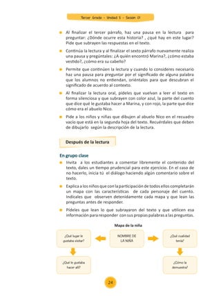 En grupo clase
	 Invita a los estudiantes a comentar libremente el contenido del
texto, dales un tiempo prudencial para este ejercicio. En el caso de
no hacerlo, inicia tú el diálogo haciendo algún comentario sobre el
texto.
	 Explica a los niños que con la participación de todos ellos completarán
un mapa con las características de cada personaje del cuento.
Indícales que observen detenidamente cada mapa y que lean las
preguntas antes de responder.
	 Pídeles que lean lo que subrayaron del texto y que utilicen esa
información para responder con sus propias palabras a las preguntas.
	 Al finalizar el tercer párrafo, haz una pausa en la lectura para
preguntar: ¿Dónde ocurre esta historia? , ¿qué hay en este lugar?
Pide que subrayen las respuestas en el texto.
	 Continúa la lectura y al finalizar el sexto párrafo nuevamente realiza
una pausa y pregúntales: ¿A quién encontró Marina?, ¿cómo estaba
vestido?, ¿cómo era su cabello?
	 Permite que continúen la lectura y cuando lo consideres necesario
haz una pausa para preguntar por el significado de alguna palabra
que los alumnos no entiendan, oriéntalos para que descubran el
significado de acuerdo al contexto.
	 Al finalizar la lectura oral, pídeles que vuelvan a leer el texto en
forma silenciosa y que subrayen con color azul, la parte del cuento
que dice qué le gustaba hacer a Marina, y con rojo, la parte que dice
cómo era el abuelo Nico.
	 Pide a los niños y niñas que dibujen al abuelo Nico en el recuadro
vacío que está en la segunda hoja del texto. Recuérdales que deben
de dibujarlo según la descripción de la lectura.
Después de la lectura
Mapa de la niña
¿Qué lugar le
gustaba visitar?
¿Qué le gustaba
hacer allí?
NOMBRE DE
LA NIÑA
¿Qué cualidad
tenía?
¿Cómo la
demuestra?
24
Tercer Grado - Unidad 5 - Sesión 01
Z_U5_INTEGRADOS_3er grado26-06_Pg21-238.indd 24 30/06/15 02:28
 