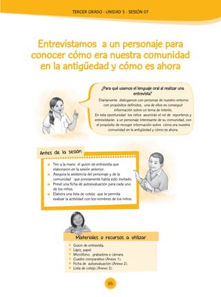Ten a la mano el guion de entrevista que
elaboraron en la sesión anterior.
	 Asegura la asistencia del personaje y de la
comunidad que previamente había sido invitado.
	 Prevé una ficha de autoevaluación para cada uno
de los niños.
	 Elabora una lista de cotejo que te permita
evaluar la actividad con los nombres de los niños.
Antes de la sesión
Entrevistamos a un personaje para
conocer cómo era nuestra comunidad
en la antigüedad y cómo es ahora
	 Guion de entrevista.
	 Lápiz, papel.
	 Micrófono, grabadora o cámara.
	 Cuadro comparativo (Anexo 1).
	 Ficha de autoevaluación (Anexo 2).
	 Lista de cotejo (Anexo 3).
Diariamente dialogamos con personas de nuestro entorno
con propósitos definidos, una de ellos es conseguir
información sobre un tema de interés.
En esta oportunidad los niños asumirán el rol de reporteros y
entrevistarán a un personaje interesante de su comunidad, con
el propósito de recoger información sobre cómo era nuestra
comunidad en la antigüedad y cómo es ahora.
Materiales o recursos a utilizar
¿Para qué usamos el lenguaje oral al realizar una
entrevista?
65
TERCER Grado - Unidad 5 - Sesión 07
Z_U5_INTEGRADOS_3er grado26-06_Pg21-238.indd 65 30/06/15 02:28
 