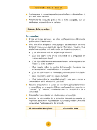 Puedes grabar la entrevista para luego analizarla con más detalle en el
aula con todos los niños.
	 Al terminar la entrevista, pide al niño o niña encargado, dar las
palabras de agradecimiento al invitado.
En grupo clase
	 Brinda un tiempo para que los niños y niñas comenten libremente
qué les pareció la entrevista.
	 Invita a los niños a expresar con sus propias palabras lo que entendió
de la entrevista, dando cuenta de alguna información relevante. Para
ayudarlos a participar podrías formular las siguientes preguntas:
	 •	 ¿Qué información nos dio el personaje invitado?
	 •	 ¿Qué dijo sobre cómo era la comunidad en la antigüedad en
	 relación a cómo es ahora?
	 •	 ¿Qué dijo sobre las características culturales en la antigüedad en
	 relación a cómo es ahora?
	 •	 ¿Qué nos dijo sobre los medios de transporte y formas de vida
	 en la antigüedad en relación con el presente?
	 •	 ¿Qué nos contó sobre las actividades productivas que realizaban?
	 •	 ¿Qué nos informó sobre las áreas naturales?
	 •	 ¿Qué opina sobre la comunidad actual?, ¿cree que es mejor la
comunidad de antes o la actual?, ¿por qué?
	 Recuerda a los alumnos el uso de los conectores para ordenar mejor
el contenido de sus respuestas. Pídeles usar los siguientes conectores:
“también”, “y”, “además”, cuando menciona las características de la
comunidad.
	 Organiza las respuestas de tus estudiantes en un papelote.
	 Sintetiza la información de la entrevista tomando en cuenta las
respuestas de los niños registradas en el papelote y elabora un cuadro
comparativo. Puedes apoyarte del anexo 1.
Después de la entrevista
Mi comunidad en la antigüedad Mi comunidad ahora
68
Tercer Grado - Unidad 5 - Sesión 07
Z_U5_INTEGRADOS_3er grado26-06_Pg21-238.indd 68 30/06/15 02:28
 