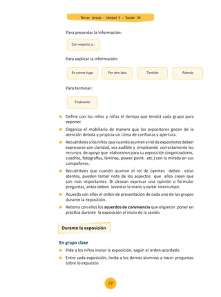 Define con los niños y niñas el tiempo que tendrá cada grupo para
exponer.
	 Organiza el mobiliario de manera que los expositores gocen de la
atención debida y propicia un clima de confianza y apertura.
	 Recuérdalesalosniños quecuandoasumanelroldeexpositoresdeben
expresarse con claridad, voz audible y empleando correctamente los
recursos de apoyo que elaboraron para su exposición (organizadores,
cuadros, fotografías, láminas, power point, etc.) con la mirada en sus
compañeros.
	 Recuérdales que cuando asuman el rol de oyentes deben estar
atentos, pueden tomar nota de los aspectos que ellos creen que
son más importantes. Di desean expresar una opinión o formular
preguntas, antes deben levantar la mano y evitar interrumpir.
	 Acuerda con ellos el orden de presentación de cada uno de los grupos
durante la exposición.
	 Retoma con ellos los acuerdos de convivencia que eligieron poner en
práctica durante la exposición al inicio de la sesión.
Con respecto a…
En primer lugar
Finalmente
Por otro lado También Además
	 Para presentar la información:
Para explicar la información:
Para terminar:
Durante la exposición
En grupo clase
	 Pide a los niños iniciar la exposición, según el orden acordado.
	 Entre cada exposición, invita a los demás alumnos a hacer preguntas
sobre lo expuesto.
77
Tercer Grado - Unidad 5 - Sesión 08
Z_U5_INTEGRADOS_3er grado26-06_Pg21-238.indd 77 30/06/15 02:28
 