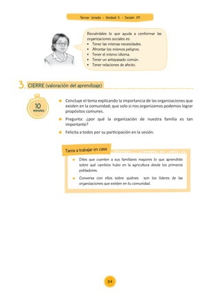 Concluye el tema explicando la importancia de las organizaciones que
existen en la comunidad; que solo si nos organizamos podemos lograr
propósitos comunes.
	 Pregunta: ¿por qué la organización de nuestra familia es tan
importante?
	 Felicita a todos por su participación en la sesión.
10
minutos
CIERRE (valoración del aprendizaje)
3.
	 Diles que cuenten a sus familiares mayores lo que aprendiste
sobre qué cambios hubo en la agricultura desde los primeros
pobladores.
	 Conversa con ellos sobre quiénes son los líderes de las
organizaciones que existen en tu comunidad.
Tarea a trabajar en casa
Recuérdales lo que ayuda a conformar las
organizaciones sociales es:
•	 Tener las mismas necesidades.
•	 Afrontar los mismos peligros.
•	 Tener el mismo idioma.
•	 Tener un antepasado común.
•	 Tener relaciones de afecto.
84
Tercer Grado - Unidad 5 - Sesión 09
Z_U5_INTEGRADOS_3er grado26-06_Pg21-238.indd 84 30/06/15 02:28
 