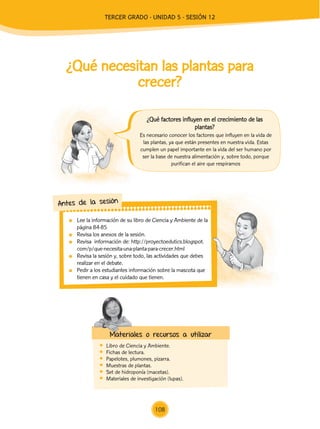 Lee la información de su libro de Ciencia y Ambiente de la
página 84-85
	 Revisa los anexos de la sesión.
	 Revisa información de: http://proyectoedutics.blogspot.
com/p/que-necesita-una-planta-para-crecer.html
	 Revisa la sesión y, sobre todo, las actividades que debes
realizar en el debate.
	 Pedir a los estudiantes información sobre la mascota que
tienen en casa y el cuidado que tienen.
Antes de la sesión
¿Qué necesitan las plantas para
crecer?
	 Libro de Ciencia y Ambiente.
	 Fichas de lectura.
	 Papelotes, plumones, pizarra.
	 Muestras de plantas.
	 Set de hidroponía (macetas).
	 Materiales de investigación (lupas).
Materiales o recursos a utilizar
Es necesario conocer los factores que influyen en la vida de
las plantas, ya que están presentes en nuestra vida. Estas
cumplen un papel importante en la vida del ser humano por
ser la base de nuestra alimentación y, sobre todo, porque
purifican el aire que respiramos
¿Qué factores influyen en el crecimiento de las
plantas?
108
TERCER Grado - Unidad 5 - Sesión 12
Z_U5_INTEGRADOS_3er grado26-06_Pg21-238.indd 108 30/06/15 02:29
 
