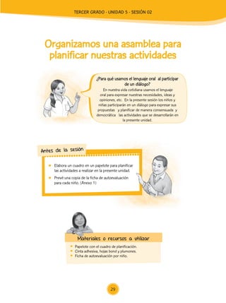 Elabora un cuadro en un papelote para planificar
las actividades a realizar en la presente unidad.
	 Prevé una copia de la ficha de autoevaluación
para cada niño. (Anexo 1)
Antes de la sesión
Organizamos una asamblea para
planificar nuestras actividades
	 Papelote con el cuadro de planificación.
	 Cinta adhesiva, hojas bond y plumones.
	 Ficha de autoevaluación por niño.
En nuestra vida cotidiana usamos el lenguaje
oral para expresar nuestras necesidades, ideas y
opiniones, etc. En la presente sesión los niños y
niñas participarán en un diálogo para expresar sus
propuestas y planificar de manera consensuada y
democrática las actividades que se desarrollarán en
la presente unidad.
Materiales o recursos a utilizar
¿Para qué usamos el lenguaje oral al participar
de un diálogo?
29
TERCER Grado - Unidad 5 - Sesión 02
Z_U5_INTEGRADOS_3er grado26-06_Pg21-238.indd 29 30/06/15 02:28
 