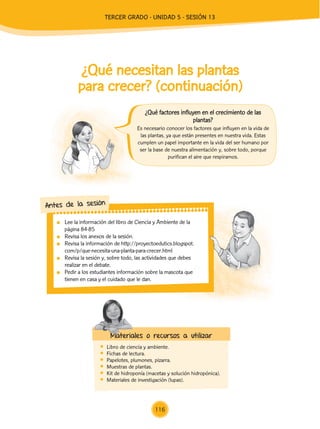 Lee la información del libro de Ciencia y Ambiente de la
página 84-85
	 Revisa los anexos de la sesión.
	 Revisa la información de http://proyectoedutics.blogspot.
com/p/que-necesita-una-planta-para-crecer.html
	 Revisa la sesión y, sobre todo, las actividades que debes
realizar en el debate.
	 Pedir a los estudiantes información sobre la mascota que
tienen en casa y el cuidado que le dan.
¿Qué necesitan las plantas
para crecer? (continuación)
	 Libro de ciencia y ambiente.
	 Fichas de lectura.
	 Papelotes, plumones, pizarra.
	 Muestras de plantas.
	 Kit de hidroponía (macetas y solución hidropónica).
	 Materiales de investigación (lupas).
Materiales o recursos a utilizar
Es necesario conocer los factores que influyen en la vida de
las plantas, ya que están presentes en nuestra vida. Estas
cumplen un papel importante en la vida del ser humano por
ser la base de nuestra alimentación y, sobre todo, porque
purifican el aire que respiramos.
Antes de la sesión
¿Qué factores influyen en el crecimiento de las
plantas?
116
TERCER Grado - Unidad 5 - Sesión 13
Z_U5_INTEGRADOS_3er grado26-06_Pg21-238.indd 116 30/06/15 02:29
 