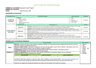 ACTIVIDAD DE APRENDIZAJE
NOMBRE DE LA ACTIVIDAD: Negociando nuestro Proyecto
NOMBRE DE LA DOCENTE:
FECHA : martes 08 de abril, 2025
ORGANIZACIÓN DE LAS ACTIVIDADES
MOMENTOS ESTRATEGIAS RECURSOS TIEMPO
RUTINAS DE
ENTRADA
ASAMBLEA
☆ Registro de asistencia
☆ Oración de la Mañana
☆ Calendario
☆ Acuerdos y Responsabilidades
☆ Línea de tiempo
 Parlante
 USB
 Canciones
 Cartel de asistencia
 Línea de tiempo
15 minutos
JUEGO LIBRE EN
SECTORES
MOMENTOS DESARROLLO TIEMPO
I Momento
☆ Planificación: La docente invita a los niños y niñas a ubicarse en asamblea y les comenta que iniciaremos el momento del juego libre en los sectores,
recordamos los acuerdos para una mejor convivencia durante la interacción en el momento de juego en sus respectivos sectores.
☆ Organización: Los niños y niñas eligen en que sector desean jugar y expresan ¿A qué desean jugar? ¿Por qué? ¿Dónde?, ¿Con quién?, etc.
10minutos
II Momento
☆ Desarrollo: Los niños y niñas inician su proyecto de juego, lo desarrollan usando su imaginación y creatividad, a través de su desarrollo del juego simbólico.
Se observa el interactuar de los niños y estar atento ante alguna dificultad en sus actividades en la que sea necesario intervenir o el niño (a) lo solicite. Se
redacta en el cuaderno de campo.
Se anticipa el término de la actividad, informando que quedan unos minutos para culminar su proyecto de juego.
30 minutos
III Momento
☆ Orden y limpieza: Les proponemos organizar y ubicar los materiales en su respectivo lugar.
☆ Representación: Invitamos a los niños que deseen plasmar su actividad o experiencia vivida a través del dibujo, con el material de su elección.
☆ Socialización: Ubicados en asamblea dialogamos sobre lo realizado durante el desarrollo del juego realizado de manera individual o grupo, ya sea de manera
verbal describiendo lo representado o creado. ¿Qué realizaron durante el juego?, ¿Cómo lo creaste o construiste?, ¿Cómo te sentiste?, ¿Tuviste alguna
dificultad?, ¿Qué hiciste para solucionarlo?
20 minutos
DESARROLLO DE LA SITUACIÓN DE APRENDIZAJE:
MOMENTOS ESTRATEGIAS RECURSOS
INICIO
Motivación: Invitamos a los niños y niñas a ubicarse en asamblea e interactuar con el personaje del Capito el capibara para recordar junto a los niños y
niñas lo que conocimos del personaje el día de ayer.
Rescate de saberes previos: Promovemos el dialogo con los niños ¿Qué les gustaría conocer sobre el capibara?, ¿Qué desean hacer con el
personaje?, ¿Qué les gusta del capibara? ¿Qué más podemos investigar del capibara?
Problematización: Planteamos la interrogante ¿Qué actividades podemos realizar durante el proyecto?, ¿Qué proponen realizar?
Propósito de Aprendizaje: Expresa lo que desean trabajar durante el proyecto.
 Parlante
 USB
 Canción
 material para
colorear.
 Cuento
 Papelote
 Plumones
DESARROLLO Gestión y acompañamiento: Se invita a los niños y niñas a expresar sus ideas sobre o que desearía investigar, hacer con el personaje
Anotamos sus ideas en el cuadro de planificación del ´proyecto.
¿Qué haremos? ¿Cómo lo haremos? ¿Qué necesitaremos?
Promovemos mayor idea al escuchar un relato del Cuento: Mario el Capibara y su gran aventura escolar https://www.youtube.com/watch?v=rSn-
FgWFc9E para promover imitar algunas acciones para imitar del personaje y le permitan promover la buena convivencia entre todos en aula.
Observamos las imágenes del personaje para motivarlos a que indiquen que hace capibara y cómo ayuda en la naturaleza.
 