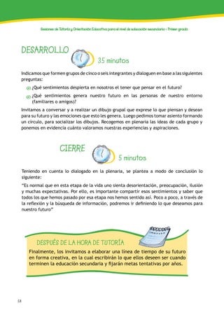 58
Sesiones de Tutoría y Orientación Educativa para el nivel de educación secundaria - Primer grado
DESARROLLO
35 minutos
Indicamos que formen grupos de cinco o seis integrantes y dialoguen en base a las siguientes
preguntas:
¿Qué sentimientos despierta en nosotros el tener que pensar en el futuro?
¿Qué sentimientos genera nuestro futuro en las personas de nuestro entorno
(familiares o amigos)?
Invitamos a conversar y a realizar un dibujo grupal que exprese lo que piensan y desean
para su futuro y las emociones que esto les genera. Luego pedimos tomar asiento formando
un círculo, para socializar los dibujos. Recogemos en plenaria las ideas de cada grupo y
ponemos en evidencia cuánto valoramos nuestras experiencias y aspiraciones.
CIERRE
5 minutos
Teniendo en cuenta lo dialogado en la plenaria, se plantea a modo de conclusión lo
siguiente:
“Es normal que en esta etapa de la vida uno sienta desorientación, preocupación, ilusión
y muchas expectativas. Por ello, es importante compartir esos sentimientos y saber que
todos los que hemos pasado por esa etapa nos hemos sentido así. Poco a poco, a través de
la reflexión y la búsqueda de información, podremos ir definiendo lo que deseamos para
nuestro futuro”
DESPUÉS DE LA HORA DE TUTORÍA
Finalmente, los invitamos a elaborar una línea de tiempo de su futuro
en forma creativa, en la cual escribirán lo que ellos deseen ser cuando
terminen la educación secundaria y fijarán metas tentativas por años.
 