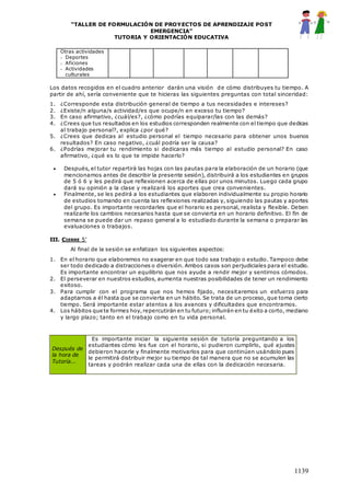 “TALLER DE FORMULACIÓN DE PROYECTOS DE APRENDIZAJE POST
EMERGENCIA”
TUTORIA Y ORIENTACIÓN EDUCATIVA
1139
Otras actividades
- Deportes
- Aficiones
- Actividades
culturales
Los datos recogidos en el cuadro anterior darán una visión de cómo distribuyes tu tiempo. A
partir de ahí, sería conveniente que te hicieras las siguientes preguntas con total sinceridad:
1. ¿Corresponde esta distribución general de tiempo a tus necesidades e intereses?
2. ¿Existe/n alguna/s actividad/es que ocupe/n en exceso tu tiempo?
3. En caso afirmativo, ¿cuál/es?, ¿cómo podrías equiparar/las con las demás?
4. ¿Crees que tus resultados en los estudios corresponden realmente con el tiempo que dedicas
al trabajo personal?, explica ¿por qué?
5. ¿Crees que dedicas al estudio personal el tiempo necesario para obtener unos buenos
resultados? En caso negativo, ¿cuál podría ser la causa?
6. ¿Podrías mejorar tu rendimiento si dedicaras más tiempo al estudio personal? En caso
afirmativo, ¿qué es lo que te impide hacerlo?
 Después, el tutor repartirá las hojas con las pautas para la elaboración de un horario (que
mencionamos antes de describir la presente sesión), distribuirá a los estudiantes en grupos
de 5 ó 6 y les pedirá que reflexionen acerca de ellas por unos minutos. Luego cada grupo
dará su opinión a la clase y realizará los aportes que crea convenientes.
 Finalmente, se les pedirá a los estudiantes que elaboren individualmente su propio horario
de estudios tomando en cuenta las reflexiones realizadas y, siguiendo las pautas y aportes
del grupo. Es importante recordarles que el horario es personal, realista y flexible. Deben
realizarle los cambios necesarios hasta que se convierta en un horario definitivo. El fin de
semana se puede dar un repaso general a lo estudiado durante la semana o preparar las
evaluaciones o trabajos.
III. CIERRE 5’
Al final de la sesión se enfatizan los siguientes aspectos:
1. En el horario que elaboremos no exagerar en que todo sea trabajo o estudio. Tampoco debe
ser todo dedicado a distracciones o diversión. Ambos casos son perjudiciales para el estudio.
Es importante encontrar un equilibrio que nos ayude a rendir mejor y sentirnos cómodos.
2. El perseverar en nuestros estudios, aumenta nuestras posibilidades de tener un rendimiento
exitoso.
3. Para cumplir con el programa que nos hemos fijado, necesitaremos un esfuerzo para
adaptarnos a él hasta que se convierta en un hábito. Se trata de un proceso, que toma cierto
tiempo. Será importante estar atentos a los avances y dificultades que encontramos.
4. Los hábitos que te formes hoy,repercutirán en tu futuro;influirán en tu éxito a corto, mediano
y largo plazo; tanto en el trabajo como en tu vida personal.
Después de
la hora de
Tutoría...
Es importante iniciar la siguiente sesión de tutoría preguntando a los
estudiantes cómo les fue con el horario, si pudieron cumplirlo, qué ajustes
debieron hacerle y finalmente motivarlos para que continúen usándolo pues
le permitirá distribuir mejor su tiempo de tal manera que no se acumulen las
tareas y podrán realizar cada una de ellas con la dedicación necesaria.
 