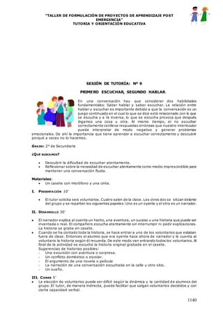“TALLER DE FORMULACIÓN DE PROYECTOS DE APRENDIZAJE POST
EMERGENCIA”
TUTORIA Y ORIENTACIÓN EDUCATIVA
1140
SESIÓN DE TUTORÍA: Nº 9
PRIMERO ESCUCHAR, SEGUNDO HABLAR.
En una conversación hay que considerar dos habilidades
fundamentales: Saber hablar y saber escuchar. La relación entre
hablar y escuchar es importante debido a que la conversación es un
juego continuado en el cual lo que se dice está relacionado con lo que
se escucha y a la inversa, lo que se escucha provoca que después
digamos una cosa u otra. Al mismo tiempo, el no escuchar
correctamente conlleva respuestas erróneas que nuestro interlocutor
puede interpretar de modo negativo y generar problemas
emocionales. De ahí la importancia que tiene aprender a escuchar correctamente y descubrir
porqué a veces no lo hacemos.
GRADO: 2° de Secundaria
¿QUÉ BUSCAMOS?
 Descubrir la dificultad de escuchar atentamente.
 Reflexionar sobre la necesidad de escuchar atentamente como medio imprescindible para
mantener una conversación fluida.
Materiales:
 Un casete con micrófono y una cinta.
I. PRESENTACIÓN 10’
 El tutor solicita seis voluntarios. Cuatro salen de la clase. Los otros dos se sitúan delante
del grupo y se reparten los siguientes papeles: Uno es un oyente y el otro es un narrador.
II. DESARROLLO 30’
 El narrador explica al oyente un hecho, una aventura, un suceso u una historia que puede ser
inventada o real. El compañero escucha atentamente sin interrumpir ni pedir explicaciones.
La historia se graba en casete.
 Cuando se ha contado toda la historia, se hace entrar a uno de los voluntarios que estaban
fuera de clase. Entonces el alumno que era oyente hace ahora de narrador y le cuenta al
voluntario la historia según él recuerda. De este modo van entrando todos los voluntarios. Al
final de la actividad se escucha la historia original grabada en el casete.
Sugerencias de historias posibles:
- Una excursión con aventura o sorpresa.
- Un conflicto doméstico o escolar.
- El argumento de una novela o película
- La narración de una conversación escuchada en la calle u otro sitio.
- Un sueño.
III. CIERRE 5’
 La elección de voluntarios puede ser difícil según la dinámica y la cantidad de alumnos del
grupo. El tutor, de manera indirecta, puede facilitar que salgan voluntarios decididos y con
cierta capacidad verbal.
 