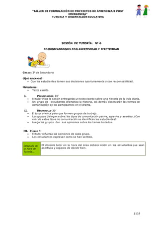 “TALLER DE FORMULACIÓN DE PROYECTOS DE APRENDIZAJE POST
EMERGENCIA”
TUTORIA Y ORIENTACIÓN EDUCATIVA
1135
SESIÓN DE TUTORÍA: Nº 6
COMUNICANDONOS CON ASERTIVIDAD Y EFECTIVIDAD
GRADO: 3° de Secundaria
¿QUÉ BUSCAMOS?
 Que los estudiantes tomen sus decisiones oportunamente y con responsabilidad.
Materiales:
 Texto escrito.
I. PRESENTACIÓN 10’
 El tutor inicia la sesión entregando un texto escrito sobre una historia de la vida diaria.
 Un grupo de estudiantes dramatiza la historia, los demás observarán las formas de
comunicación de los participantes en el drama.
II. DESARROLLO 30’
 El tutor orienta para que formen grupos de trabajo.
 Los grupos dialogan sobre: los tipos de comunicación pasiva, agresiva y asertiva. ¿Con
cuál de estos tipos de comunicación se identifican los estudiantes?
 Luego los grupos dan sus opiniones sobre los temas tratados.
III. CIERRE 5’
 El tutor refuerza las opiniones de cada grupo.
 Los estudiantes expresan como se han sentido.
Después de
la hora de
Tutoría...
El docente tutor en la hora del área deberá incidir en los estudiantes que sean
asertivos y capaces de decidir bien.
 