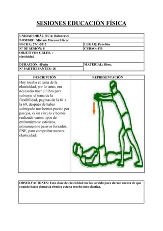 SESIONES EDUCACIÓN FÍSICA
UNIDAD DIDÁCTICA: Baloncesto
NOMBRE: Miriam Moreno Llácer
FECHA: 27-1-2012
Nº DE SESIÓN: 8
OBJETIVOS GRLES. :
elasticidad
DURACIÓN: 45min
Nº PARTICIPANTES: 18
DESCRIPCIÓN

LUGAR: Pabellón
CURSO: 4ºB

MATERIAL: libro.

REPRESENTACIÓN

Hoy tocaba el tema de la
elasticidad, por lo tanto, era
necesario traer el libro para
subrayar el tema de la
flexibilidad, paginas de la 61 a
la 69, después de haber
subrayado nos hemos puesto por
parejas, es un círculo y hemos
realizado varios tipos de
estiramientos: estáticos,
estiramientos pasivos forzados,
PNF, para comprobar nuestra
elasticidad.

OBSERVACIONES: Esta clase de elasticidad me ha servido para darme cuenta de que
cuando hacía gimnasia rítmica estaba mucho más elástica.

 