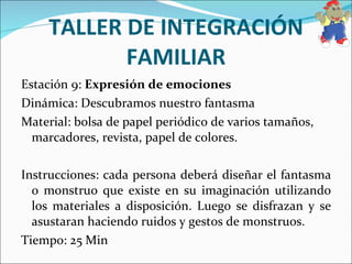 TALLER DE INTEGRACIÓN FAMILIAR Estación 9:  Expresión de emociones Dinámica: Descubramos nuestro fantasma Material: bolsa de papel periódico de varios tamaños, marcadores, revista, papel de colores.  Instrucciones: cada persona deberá diseñar el fantasma o monstruo que existe en su imaginación utilizando los materiales a disposición. Luego se disfrazan y se asustaran haciendo ruidos y gestos de monstruos. Tiempo: 25 Min 