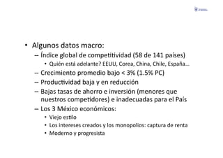 •  Algunos	
  datos	
  macro:	
  
    –  Índice	
  global	
  de	
  compeFFvidad	
  (58	
  de	
  141	
  países)	
  
        •  Quién	
  está	
  adelante?	
  EEUU,	
  Corea,	
  China,	
  Chile,	
  España…	
  
    –  Crecimiento	
  promedio	
  bajo	
  <	
  3%	
  (1.5%	
  PC)	
  
    –  ProducFvidad	
  baja	
  y	
  en	
  reducción	
  
    –  Bajas	
  tasas	
  de	
  ahorro	
  e	
  inversión	
  (menores	
  que	
  
       nuestros	
  compeFdores)	
  e	
  inadecuadas	
  para	
  el	
  País	
  
    –  Los	
  3	
  México	
  económicos:	
  	
  
        •  Viejo	
  esFlo	
  
        •  Los	
  intereses	
  creados	
  y	
  los	
  monopolios:	
  captura	
  de	
  renta	
  
        •  Moderno	
  y	
  progresista	
  
 