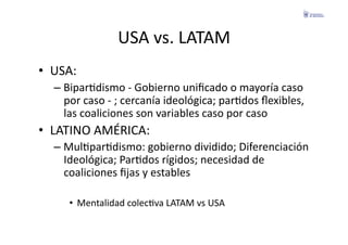 USA	
  vs.	
  LATAM	
  
•  USA:	
  
    –  BiparFdismo	
  -­‐	
  Gobierno	
  uniﬁcado	
  o	
  mayoría	
  caso	
  
       por	
  caso	
  -­‐	
  ;	
  cercanía	
  ideológica;	
  parFdos	
  ﬂexibles,	
  
       las	
  coaliciones	
  son	
  variables	
  caso	
  por	
  caso	
  
•  LATINO	
  AMÉRICA:	
  
    –  MulFparFdismo:	
  gobierno	
  dividido;	
  Diferenciación	
  
       Ideológica;	
  ParFdos	
  rígidos;	
  necesidad	
  de	
  
       coaliciones	
  ﬁjas	
  y	
  estables	
  

        •  Mentalidad	
  colecFva	
  LATAM	
  vs	
  USA	
  
 
