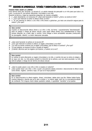 211
PASOS PARA USAR LA LÁMINA
Esta lámina tiene dos escenas. La escena A: un adulto tratando de persuadir a un niño para que suba a su
carro. La escena B: una señora ofreciendo chocolates a una niña.
Muestre la lámina y haga las siguientes preguntas de manera amigable:
 n ¿Qué observamos en la escena A? ¿Qué está haciendo el señor? ¿Cómo se siente el niño?
 n ¿Con qué intención el señor le ofrece dinero al niño?
 n Si una persona le ofrece a una niña o niño dinero o golosinas ¿es ésta una situación segura para la
niña/o? ¿Por qué?
 ¿Qué está haciendo la señora en la escena B?
 ¿Con qué intención la señora le ofrece un regalo (chocolates) a la niña?
 ¿La niña se siente contenta por el regalo (chocolates) que le ofrece la señora? ¿Por qué?
 ¿A qué peligros se expone la niña si acepta el regalo?
 ¿Cuándo decimos que los regalos son buenos y cuándo no lo son?
 ¿Qué le puede pasar a una niña o niño si acepta un soborno?
 ¿Qué puede hacer una niña o niño a quien una persona adulta conocida o desconocida le ofrece cosas
como dinero, regalos, comida o ropa, sin que se lo haya pedido?
Idea central
Cuando un desconocido ofrece dinero a un niño o niña, de forma supuestamente “desinteresada”,
está en peligro o riesgo de abuso sexual, pues quien ofrece dinero muy probablemente lo hace
porque después va a pedir algo a cambio, como obligar a tener actividades sexuales (involucrarlo
en pornografia infantil), o a tener relaciones sexuales.
Idea central
La señora le está ofreciendo un regalo (chocolates) a la niña, a cambio de que no entre al colegio y
se vaya con ella. La niña parece advertir la intención de la señora y por eso está asustada. La niña
está en peligro o riesgo de ser víctima de abuso sexual.
Idea central
Si un desconocido/a te ofrece regalos, dinero, chocolates, debes decir que No. Debes hablar fuerte,
mostrar disgusto y decirle que se lo vas a contar a tu mamá, papá, tutor (a) o a una persona adulta
de confianza. Por ninguna razón debes quedarte callado, ni guardarle “secretos” a tus padres.
 