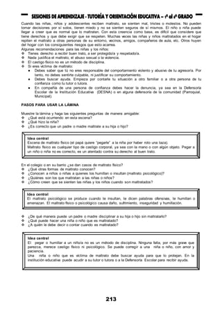 213
Cuando las niñas, niños y adolescentes reciben maltrato, se sienten mal, tristes o molestos. No pueden
tomar decisiones por sí solos, tienen miedo y no se sienten seguros de sí mismos. El niño o niña puede
llegar a creer que es normal que lo maltraten. Con esta creencia como base, es difícil que considere que
tiene derechos y que debe exigir que se respeten. Muchas veces las niñas y niños maltratados en el hogar
repiten el maltrato a otras personas de su entorno, vecinos, amigos, compañeros de aula, etc. Otros huyen
del hogar con los consiguientes riesgos que esto acarrea.
Algunas recomendaciones para las niñas y los niños:
 Tienes derecho a recibir buen trato, a ser protegido/a y respetado/a.
 Nada justifica el maltrato, el abuso sexual o la violencia.
 El castigo físico no es un método de disciplina.
 Si eres víctima de maltrato:
● Debes saber que tú no eres responsable del comportamiento violento y abusivo de tu agresor/a. Por
tanto, no debes sentirte culpable, ni justificar su comportamiento.
● Debes buscar ayuda. Empieza por contarle tu situación a otro familiar o a otra persona de tu
confianza como tu tutor o tutora.
● En compañía de una persona de confianza debes hacer la denuncia, ya sea en la Defensoría
Escolar de la Institución Educativa (DESNA) o en alguna defensoría de la comunidad (Parroquial,
Municipal).
PASOS PARA USAR LA LÁMINA
Muestre la lámina y haga las siguientes preguntas de manera amigable:
 ¿Qué está ocurriendo en esta escena?
 ¿Qué hizo la niña?
 ¿Es correcto que un padre o madre maltrate a su hija o hijo?
En el colegio o en su barrio ¿se dan casos de maltrato físico?
 ¿Qué otras formas de maltrato conocen?
 ¿Conocen a niños o niñas a quienes los humillan o insultan (maltrato psicológico)?
 ¿Quiénes son los que maltratan a las niñas o niños?
 ¿Cómo creen que se sienten las niñas y los niños cuando son maltratados?
 ¿De qué manera puede un padre o madre disciplinar a su hija o hijo sin maltratarlo?
 ¿Qué puede hacer una niña o niño que es maltratado?
 ¿A quién le debe decir o contar cuando es maltratado?
Idea central
Escena de maltrato físico (el papá quiere “pegarle” a la niña por haber roto una taza).
Maltrato físico es cualquier tipo de castigo corporal, ya sea con la mano o con algún objeto. Pegar a
un niño o niña no es correcto, es un atentado contra su derecho al buen trato.
Idea central
El maltrato psicológico se produce cuando te insultan, te dicen palabras ofensivas, te humillan o
amenazan. El maltrato físico o psicológico causa daño, sufrimiento, inseguridad y humillación.
Idea central
El pegar o humillar a un niño/a no es un método de disciplina. Ninguna falta, por más grave que
parezca, merece castigo físico ni psicológico. Se puede corregir a una niña o niño, con amor y
paciencia.
Una niña o niño que es víctima de maltrato debe buscar ayuda para que lo protejan. En la
institución educativa puede acudir a su tutor o tutora o a la Defensoría Escolar para recibir ayuda.
 