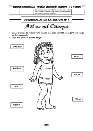 256
- El docente hace una reflexión con los niños sobre
esta manera afectiva que hemos experimentado
de tocarnos y de ser tocados.
 Escoge el dibujo de tu sexo y une con una línea cada cartelito con la parte del cuerpo
que le corresponde.
 Luego haz igual con el otro dibujo:
DESARROLLO DE LA SESION Nº 1
OMBLIGO
RODILLA
PIE
PIERNA
BRAZO
VULVA
PECHO
 
