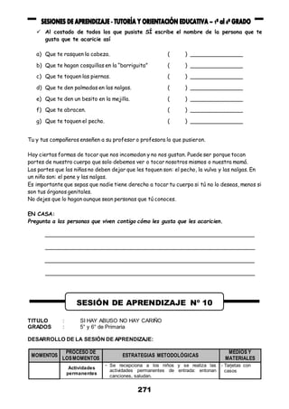 271
 Al costado de todos los que pusiste SÍ escribe el nombre de la persona que te
gusta que te acaricie así
a) Que te rasquen la cabeza. ( ) ________________
b) Que te hagan cosquillas en la “barriguita” ( ) ________________
c) Que te toquen las piernas. ( ) ________________
d) Que te den palmadas en las nalgas. ( ) ________________
e) Que te den un besito en la mejilla. ( ) ________________
f) Que te abracen. ( ) ________________
g) Que te toquen el pecho. ( ) ________________
Tu y tus compañeros enseñen a su profesor o profesora lo que pusieron.
Hay ciertas formas de tocar que nos incomodan y no nos gustan. Puede ser porque tocan
partes de nuestro cuerpo que solo debemos ver o tocar nosotros mismos o nuestra mamá.
Las partes que las niñas no deben dejar que les toquen son: el pecho, la vulva y las nalgas. En
un niño son: el pene y las nalgas.
Es importante que sepas que nadie tiene derecho a tocar tu cuerpo si tú no lo deseas, menos si
son tus órganos genitales.
No dejes que lo hagan aunque sean personas que tú conoces.
EN CASA:
Pregunta a las personas que viven contigo cómo les gusta que les acaricien.
_______________________________________________________________
_______________________________________________________________
_______________________________________________________________
_______________________________________________________________
TITULO : SI HAY ABUSO NO HAY CARIÑO
GRADOS : 5° y 6° de Primaria
DESARROLLO DE LA SESIÓN DE APRENDIZAJE:
MOMENTOS
PROCESO DE
LOSMOMENTOS
ESTRATEGIAS METODOLÓGICAS
MEDIOS Y
MATERIALES
Actividades
permanentes
- Se recepciona a los niños y se realiza las
actividades permanentes de entrada: entonan
canciones, saludan.
- Tarjetas con
casos
SESIÓN DE APRENDIZAJE Nº 10
 