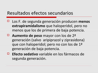 Resultados efectos secundarios
   Los F. de segunda generación producen menos
    extrapiramidalismo que haloperidol, pero no
    menos que los de primera de baja potencia.
   Aumento de peso mayor con los de 2ª
    generación (salvo aripiprazol y ziprasidona)
    que con haloperidol; pero no con los de 1ª
    generación de baja potencia.
   Efecto sedativo variable en los fármacos de
    segunda generación.
 