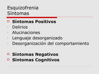 Esquizofrenia
Síntomas
   Síntomas Positivos
-   Delirios
-   Alucinaciones
-   Lenguaje desorganizado
-   Desorganización del comportamiento

   Síntomas Negativos
   Síntomas Cognitivos
 