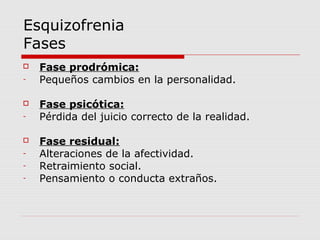 Esquizofrenia
Fases
   Fase prodrómica:
-   Pequeños cambios en la personalidad.

   Fase psicótica:
-   Pérdida del juicio correcto de la realidad.

   Fase residual:
-   Alteraciones de la afectividad.
-   Retraimiento social.
-   Pensamiento o conducta extraños.
 