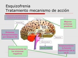 Esquizofrenia
   Tratamiento mecanismo de acción
    Antagonistas competitivos de los
    receptores D2 de todas las vías


                                                           Mejoran
                                                          síntomas
                                                          positivos


    Síntomas
Extrapiramidales
 por bloqueo DA



                                                      Empeoramiento
                                       GALACTORREA       la función
       Empeoramiento de
                                                     hipofunción de la
         los síntomas
                                                           vía D
           negativos
 
