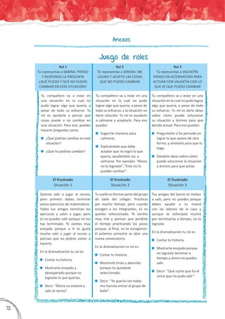 Anexos
Juego de roles
Rol 1
Tú representas a SABINA: PIENSO
Y RESPONDO LA PREGUNTA
¿QUÉ PUEDO Y QUÉ NO PUEDO
CAMBIAR EN ESTA SITUACIÓN?
El frustrado
Situación 1
El frustrado
Situación 2
El frustrado
Situación 3
Rol 2
Tú representas a SERENA: ME
CALMO Y ACEPTO LAS COSAS
QUE NO PUEDO CAMBIAR
Rol 3
Tú representas a VALENTÍN:
PIENSO EN ALTERNATIVAS PARA
ACTUAR CON VALENTÍA CON LO
QUE SÉ QUE PUEDO CAMBIAR
Tu compañero va a estar en
una situación en la cual no
pudo lograr algo que quería, a
pesar de todo su esfuerzo. Tu
rol es ayudarle a pensar qué
cosas puede o no cambiar en
una situación. Para eso, puedes
hacerle preguntas como:
	 ¿Qué podrías cambiar en esta
situación?
	 ¿Qué no podrías cambiar?
Quieres salir a jugar al recreo,
pero primero debes terminar
varios ejercicios de matemáticas.
Todos tus amigos terminan los
ejercicios y salen a jugar, pero
tú no puedes salir porque no los
has terminado. Te sientes muy
enojado porque a ti te gusta
mucho salir a jugar al recreo y
piensas que no podrás volver a
hacerlo.
En la dramatización tu rol es:
	 Contar tu historia.
	 Mostrarte enojado y
desesperado porque no
lograste lo que querías.
	 Decir: “Ahora no volveré a
salir al recreo”.
Tu sueño es formar parte del grupo
de baile del colegio. Practicas
por mucho tiempo, pero cuando
escogen a los integrantes, tú no
quedas seleccionado. Te sientes
muy mal y piensas que perdiste
el tiempo practicando los pasos
porque, al final, no te escogieron.
El próximo semestre se abre una
nueva convocatoria.
En la dramatización tu rol es:
	 Contar tu historia.
	 Mostrarte triste y aburrido
porque no quedaste
seleccionado.
	 Decir: “Yo quería con todas
mis fuerzas entrar al grupo de
baile”.
Tus amigos del barrio te invitan
a salir, pero no puedes porque
debes ayudar a tu mamá
con las labores de la casa y
aunque te esforzaste mucho
por terminarlas a tiempo, no lo
lograste.
En la dramatización tu rol es:
	 Contar tu historia.
	 Mostrarte enojado porque
no lograste terminar a
tiempo y ahora no puedes
salir.
	 Decir: “Qué roche que fui el
único que no pudo salir”.
Tu compañero va a estar en una
situación en la cual no pudo
lograr algo que quería, a pesar de
todo su esfuerzo, y la situación no
tiene solución. Tu rol es ayudarlo
a calmarse y aceptarlo. Para eso
puedes:
	 Sugerirle maneras para
calmarse.
	 Explicándole que debe
aceptar que no logró lo que
quería, ayudándolo así, a
calmarse. Por ejemplo: “Ahora
no lo lograste”, “Esto no lo
puedes cambiar”.
Tu compañero va a estar en una
situación en la cual no pudo lograr
algo que quería, a pesar de todo
su esfuerzo. Tu rol es darle ideas
sobre cómo puede solucionar
su situación y ánimos para que
decida actuar. Para eso puedes:
	 Preguntarle si ha pensado en
lograr lo que quiere de otra
forma, y animarlo para que lo
haga.
	 Dándole ideas sobre cómo
puede solucionar la situación
y ánimos para que actúe.
372
 