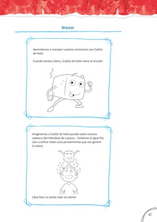 Anexos
Aprendamos a manejar nuestras emociones con Cubito
de hielo
Cuando sientas cólera, ¡Cubito de hielo viene al rescate!
Imaginemos a Cubito de hielo parado sobre nuestra
cabeza y derritiéndose de a pocos... Sintamos el agua fría
caer y enfriar todos esos pensamientos que nos genera
la cólera.
¡Qué bien se siente estar en calma!
361
 
